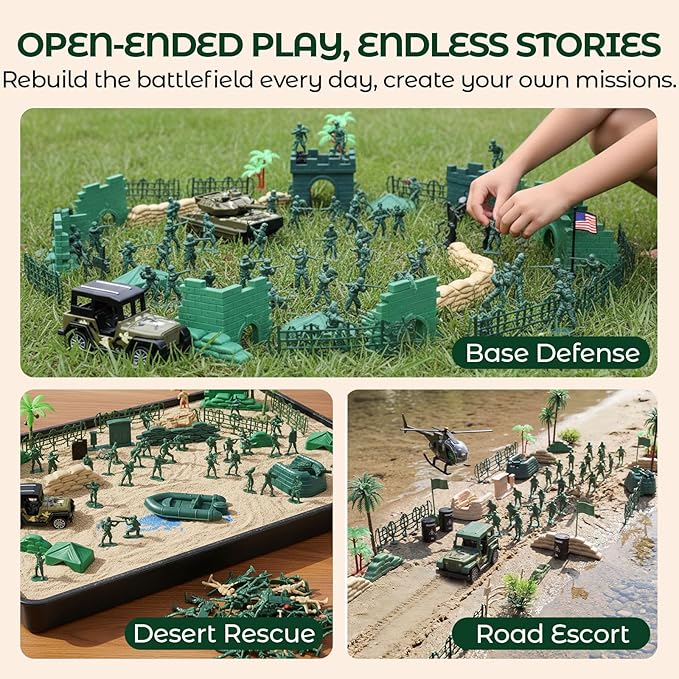 LovesTown 115PCS Army Men Playset, Military Soldier Set Army Action Figures Battle Group Military Base Toy with Box Helicopter for Gifts Green