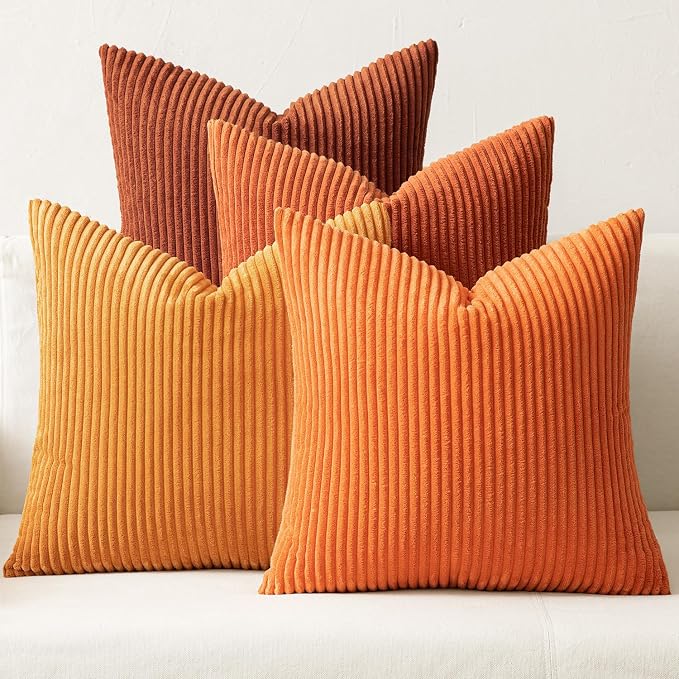 MIULEE Fall Corduroy Decorative Throw Pillow Covers Orange Rust 18x18 | Set of 4, Vintage Retro Fall Decor, Autumn Harvest Collection, Boho Farmhouse Cushion Covers for Couch Bed Sofa Living Room