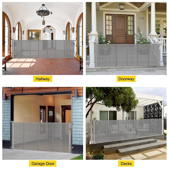 Reinforced 42” Tall x 130” Extra Wide Retractable Dog Gate Extra Tall Pet Gate with Rods to Prevent Crawling Through, Long Baby Gates for Dogs Child Safety Gate Mesh Dog Gate Indoor Outdoor, Gray