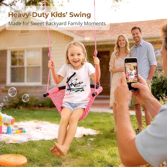 JKsmart Swing Seat for Kids Heavy Duty Rope Play Secure Children Swing Set,Perfect for Indoor,Outdoor,Playground,Home,Tree,with Snap Hooks and Swing Straps,440 lbs Capacity,Pink