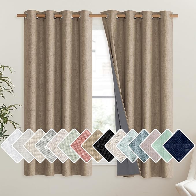 NICETOWN Burlap Vintage Open Linen Weave Flax Thermal Curtains, 100% Blackout Curtains 45" Long for Dining Room, Soundproof Window Treatment Drapes for Hall Room, 52" Wide Per Panel, Set of 2