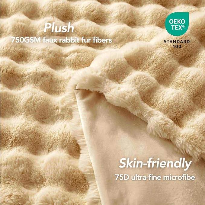 L'AGRATY Faux Rabbit Fur Throw Blanket for Couch, 50''x60'', Milk Tea Brown | Soft Cozy Bubble Fluffy Blanket for Sofa Bed, Thick Warm Plush Fuzzy Throw for Room Home Decor, Luxury Gift for Women Mom