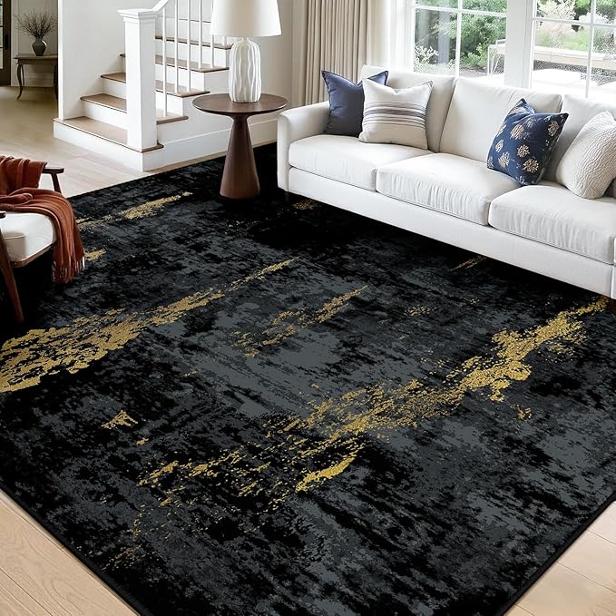 RELEANY Washable Square 10' x10' Area Rug for Living Room Black Gold | carpet for bedroom, kitchen, office, hallway and entryway, printed pattern, non-slip, soft, stain-resistant, easy to clean