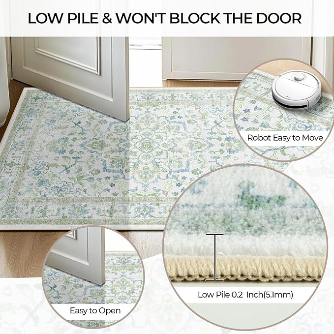 CAPALOCA Square 4ft Washable Nursery Girls Low Pile Area Rug Green Blue | Non-Slip Soft Rugs for Bedroom Kids Playroom Living Room, Print Pattern Water Repellent Carpet Indoor Decor