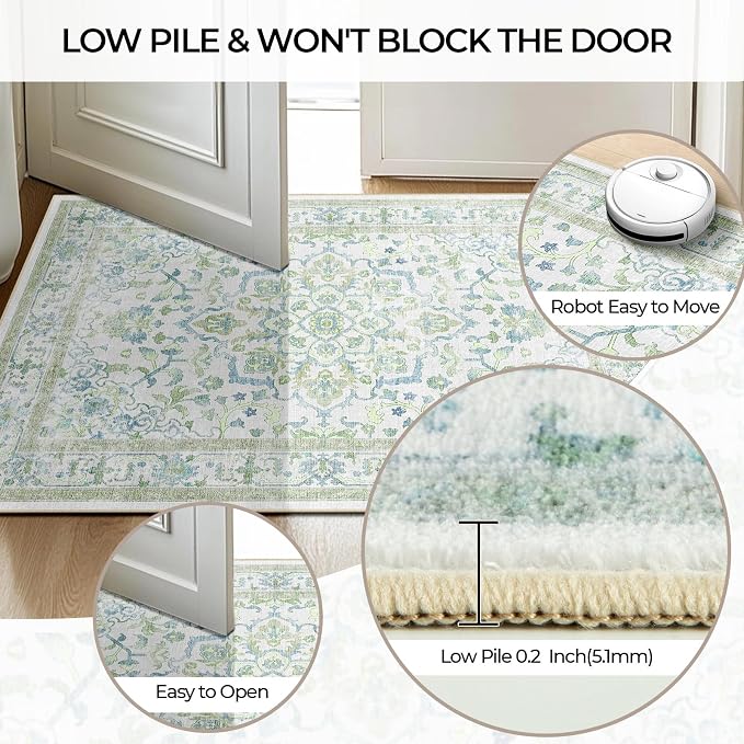 CAPALOCA 6x9 Washable Nursery Girls Low Pile Area Rug Green Blue | Non-Slip Soft Rugs for Bedroom Kids Playroom Living Room, Print Pattern Water Repellent Carpet Indoor Decor