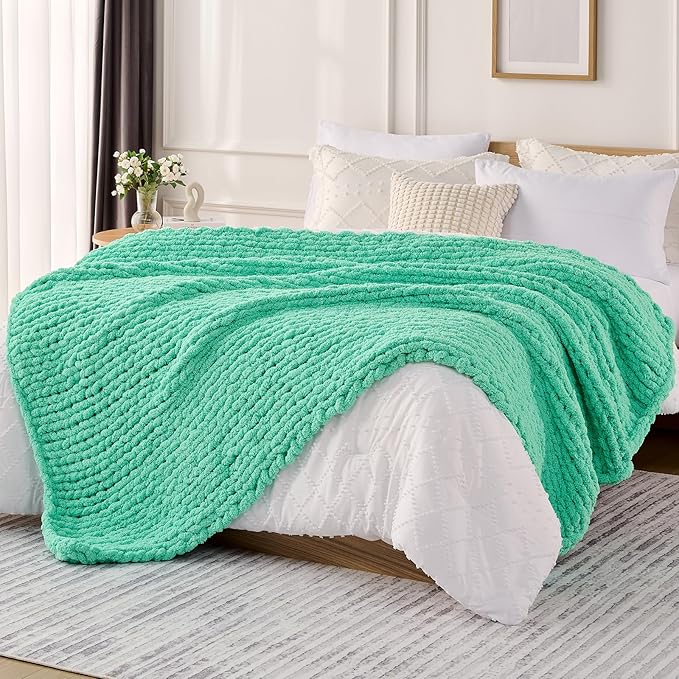L'AGRATY Chunky Knit Throw Blanket for Couch, 50'' x 60'' Knit Throw, Aqua | Handmade Chenille Crochet Blanket for Sofa Bed, Thick Cable Knitted Blankets for Room Home Decor, Birthday Gift for Women Mom