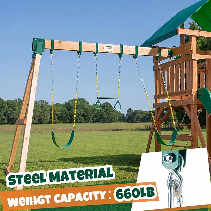 Dunzy Swing Set Brackets Including 2 Pcs A-Frame Swing Brackets, 6 Pcs Heavy Duty Swings Hangers, 2 Swings Seats, 1 Ring Trapeze Bar with All Mounting Accessories for Playground Equipment Outdoor Play