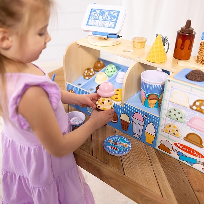 Melissa & Doug Cool Scoops Ice Creamery, Wooden Ice Cream Shop & Counter with Play Food & Play Kitchen Accessories, Preschool Learning Toys for Girls & Boys 3+ - FSC Certified