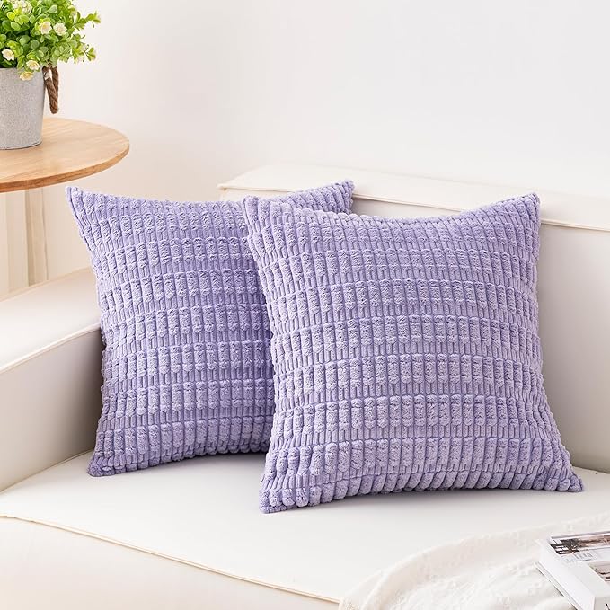 Aegero Pack of 2 Corduroy Decorative Throw Pillow Covers 18x18 Inch, Purple | Fall Soft Striped Pillow Covers Modern Farmhouse Home Decor Christmas Throw Pillow Covers for Sofa Living Room Couch Bed