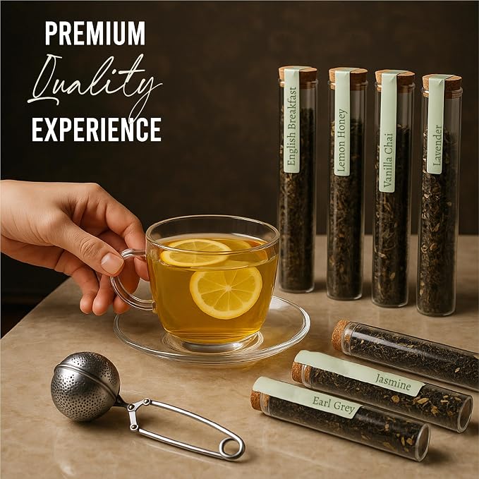 Tea Gift Set – 8 Unique Flavors with Stainless Steel Infuser | Loose Leaf Tea Sampler with Vanilla Chai, Jasmine, Green Tea & More | Tea Gift Sets for Women and Men - Gift For Dad - Pack of 9