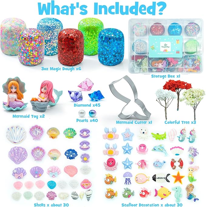 SIMPLIPLAY Mermaid Sensory Kit, 18oz 6 Pcs Glitter Doughs with Accessories(150 Pcs+), Non-Toxic Play Dough Set, Sensory Dough Kit for Toddlers 3 4 5 6 Year Old with Cutter, Mermaid Toys