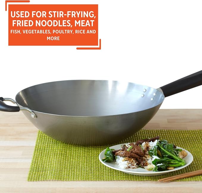IMUSA USA Natural Wok with Triangle Handle 14-Inch, Silver | Natural Finish, Cool-Touch Wood and Helper Handle, Ideal for Stir-Frying, Perfect for Everyday Cooking