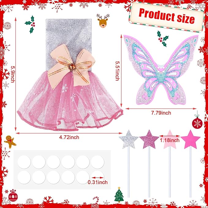 Meooeck 6 Pieces Christmas Accessories Set Including 2 Holiday Clothes Outfit, and 4 Novelty Toy Accessories for Kid(Fairy)
