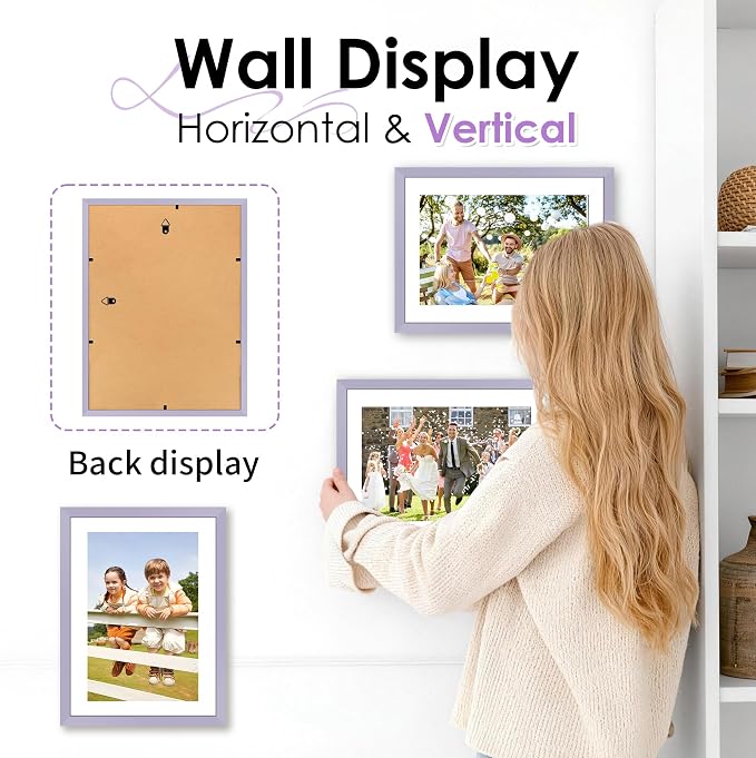 FIXSMITH A4 Picture Frame Set of 2, Purple Photo Frame with HD Plexiglass, Display Pictures 6x8 with Mat or 8.3x11.7 Without Mat Multi Picture Frames Collage for Tabletop or Wall Display