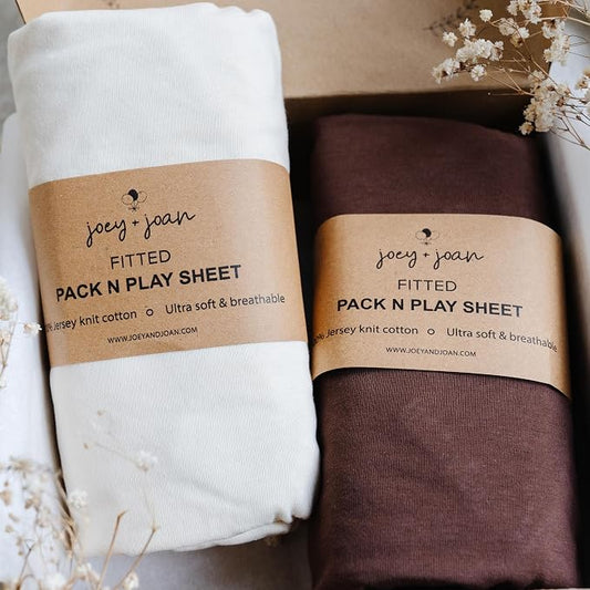 Joey + Joan Pack and Play Sheets Fitted – Compatible with 4moms Breeze Plus Playard and Other Large Playpen Mattress – Buttery Soft 100% Cotton – Cream + Brown – 2 Pack