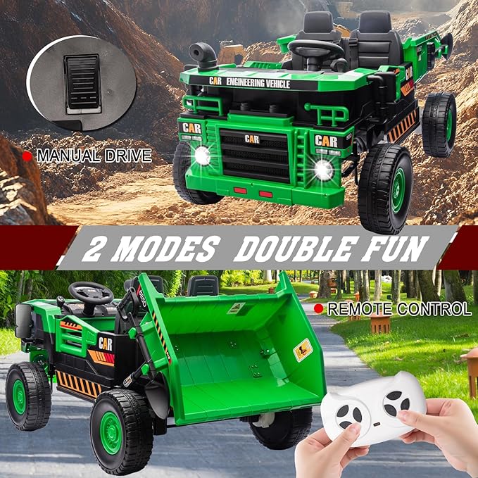 POSTACK XL 24 Volt Kids Ride on Toy, Ride on Construction Vehicle with 4 Powerful Motors Side by Side, 20" Spacious Two Seater Ride On Toddler Car with Electric Dump Bed, Green