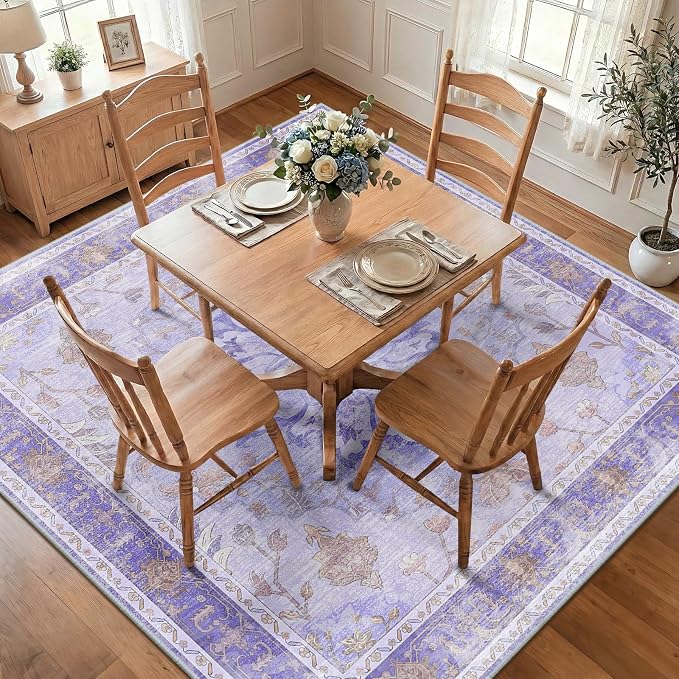 RELEANY Area Rugs Square 8ft Washable Non-Slip, Floral Vintage Distress Medallion Carpet for Living Room Bedroom Dining Room, Light Purple Brown