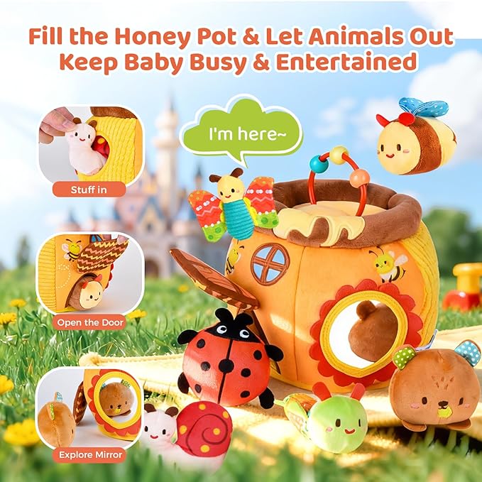 Baby Toys 6-12 Months- Surprise Soft Barn with Stuffed Animals, Rattle, Crinkle Paper, Squeaker, Mirror, Busy Montessori Soft Toys for Toddlers 0-3 Years Old, 1 Year Old Boy Girl Gifts