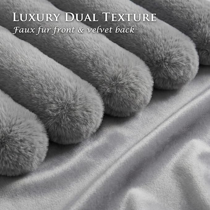 Pack of 2 Throw Pillow Covers 18x18 Decorative Solid Plush Faux Fur with Soft Velvet Back, Square Striped Cushion Cases Modern Farmhouse Home Decor for Living Room Couch Sofa Bed Dark Gray