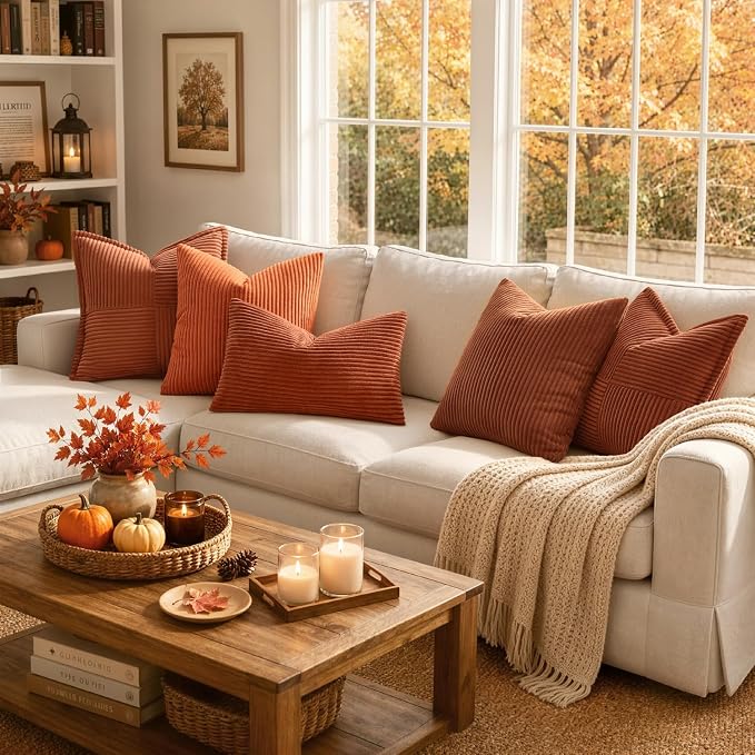 MIULEE Fall Euro Corduroy Throw Pillow Covers Set of 2 24x24 Rust | Soft Striped Textured Cushion Cases, Boho Rustic Square Pillowcases for Home Decor, for Couch Chair Sofa Bed Living Room