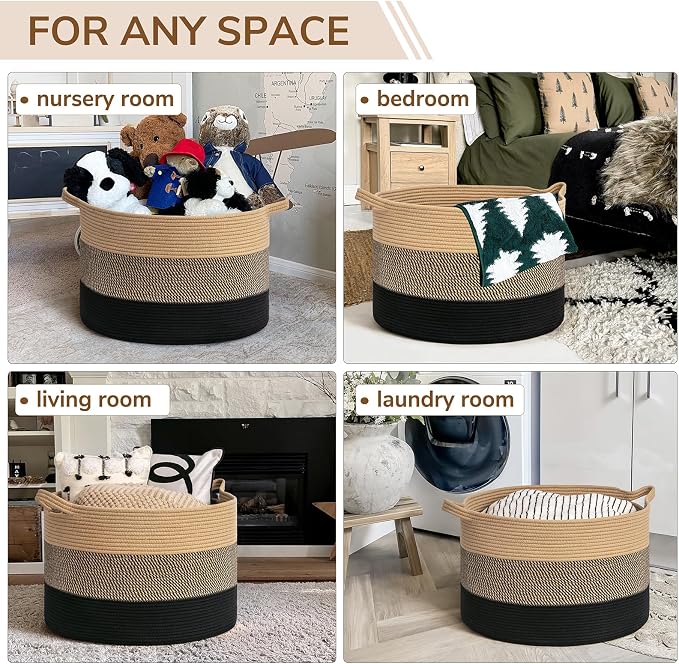 INDRESSME XXXLarge Woven Rope Blanket Basket Living Room, 90L | 21.7" x 13.8" Storage baskets for toys laundry & pillows. Fits living room, bedroom or nursery décor. Soft-touch with handles
