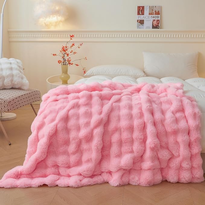 LIFEREVO Luxury Fluffy Faux Rabbit Fur Throw Blanket 60x80, Pink | Plush Fuzzy Bubble Lap Throw for Couch Sofa Office, Soft Cozy Furry Bed Blanket Home Decoration, Washable & Skin-friendly