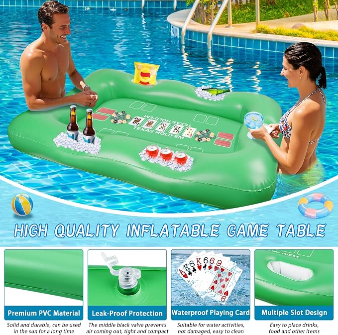 Large Floating Table for Pool Game with Waterproof Playing Cards, 53.5 x 38 in Floating Card Table for Pool with Food Drink Holders, Inflatable Floating Pool Game Table for Adults Family Party