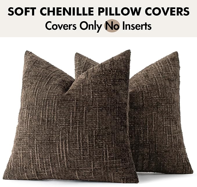 MIULEE Chenille Textured Fall Throw Pillow Covers Brown 20x20 Set of 2 | Slubby Decorative Pillows, Boho Farmhouse Rustic Home Decor, Modern Neutral Cushion Covers for Couch Sofa Bed Living Room
