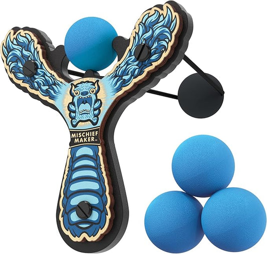 Mischief Maker® Wooden Slingshot - Lil’ Monster Series - Real Wood Slingshot for Kids, 4 Soft Foam Balls and Storage Bag - Ages 4+ (Blue)
