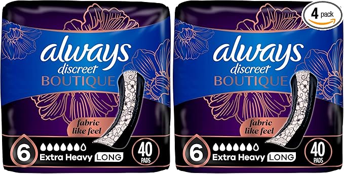 Always Discreet Boutique Incontinence Pads, for Bladder Leaks, Extra Heavy Absorbency, Long Length, 40 Count (Pack of 2)