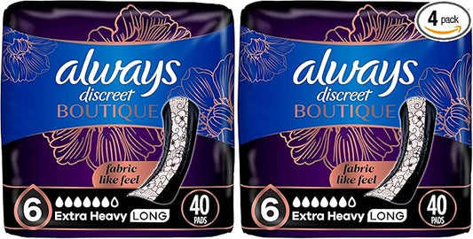 Always Discreet Boutique Incontinence Pads, for Bladder Leaks, Extra Heavy Absorbency, Long Length, 40 Count (Pack of 2)