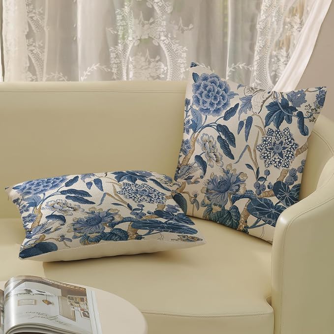 Blue Pillow Covers 20x20 Inch Set of 2 Vintage Blue Floral Throw Pillows Chinoiserie Flower Decorative Pillow Cases Outdoor Linen Farmhouse Cushion Cover for Couch Home Sofa Bed Decorations
