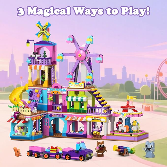 HOGOKIDS 3 Modes Girls Park Building Set - Friendship City Park Building Blocks Toy Set, Friends DIY Building Toys with Ferris Wheel, Spinning Carousel, Slide | Gifts for Girls Boys Age 8 9 10 11 12+