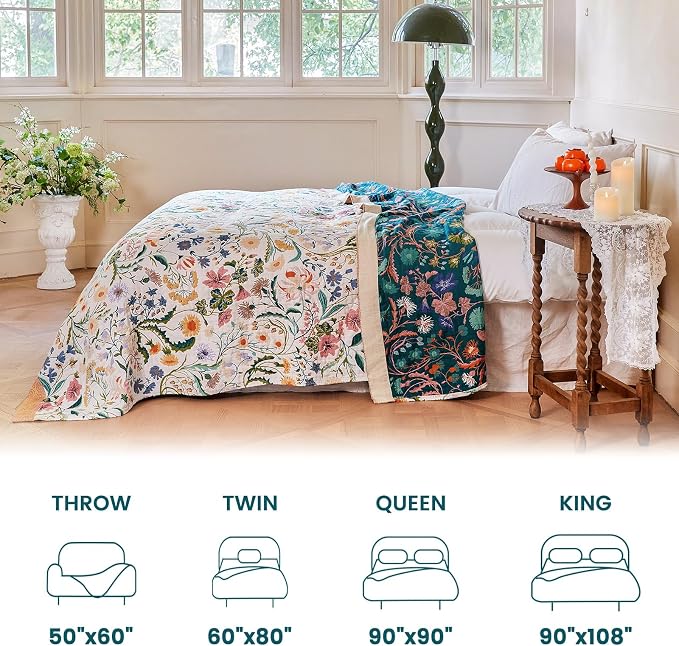 MSGKV Boho Throw Blanket 60"x80" Cotton Floral Blanket for Couch Bed Decor | 100% Cotton Throw, Colorful Floral, Reversible Blanket, Breathable Lightweight, Road Trip Blanket, Machine Washable