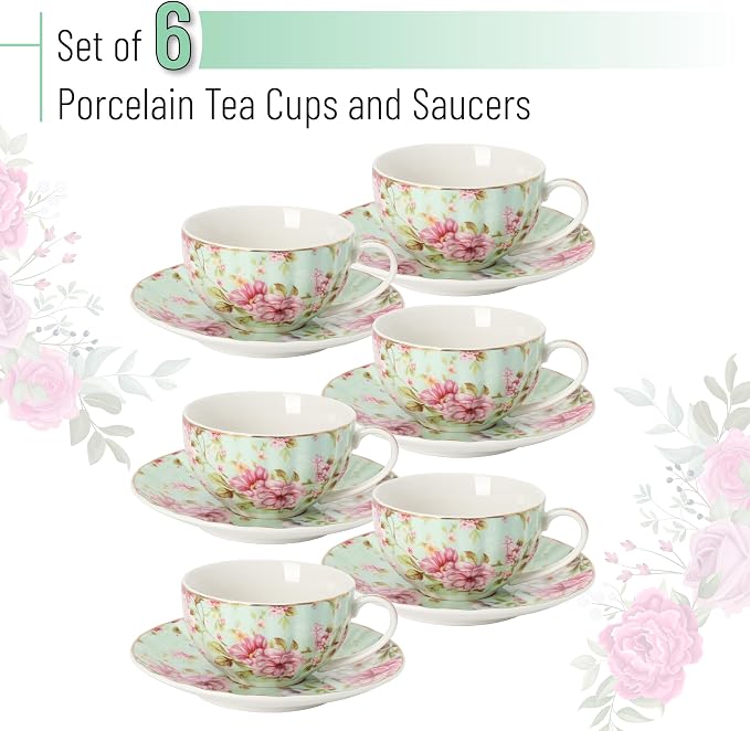 BTaT- Floral Tea Cups and Saucers, Set of 6, 7 oz, Fine Porcelain Teacup Set with Gold Trim for Afternoon Tea, Weddings, Parties & Gifting, Dishwasher Safe and Freezer Safe