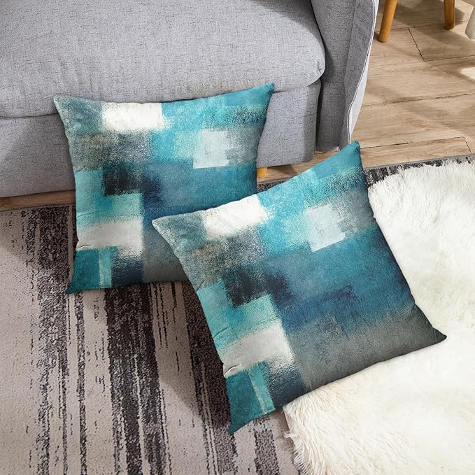 Emvency Throw Pillow Covers Set of 2, 18 x 18 Inch, Turquoise White Gray | Teal Painting Outdoor Decorative Square Pillow Cases Couch Cushion Case for Couch Bed Sofa Living Room Home Decor