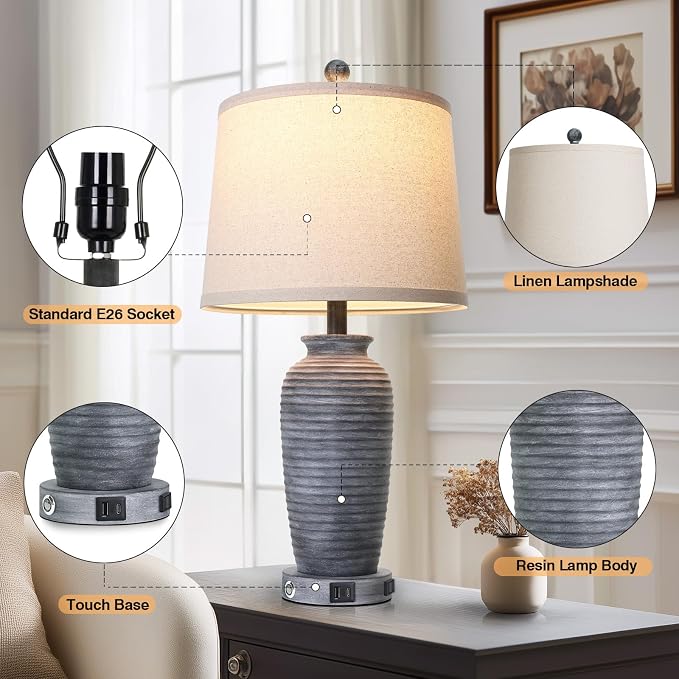 CINSARY 25" Retro Distressed Black Farmhouse Jar Table Lamps Set of 2, 3 Way Touch Control Rustic Bedside Lamps with USB A+C Ports & AC Outlet, Pot Nightstand Lamps for Bedroom Living Room