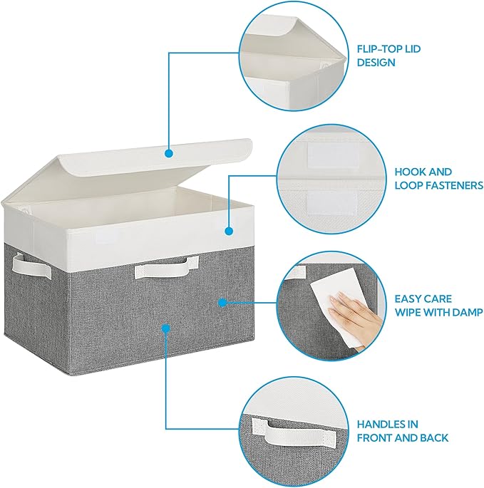 GRANNY SAYS Memory Keepsake Storage Box, Fabric Storage Bins with Lids | Flip-Top Lid, Collapsible, Stackable, 3 Handles, Ideal for Closet Clothes Blanket Toys, Extra Large, White/Gray, 2-Pack