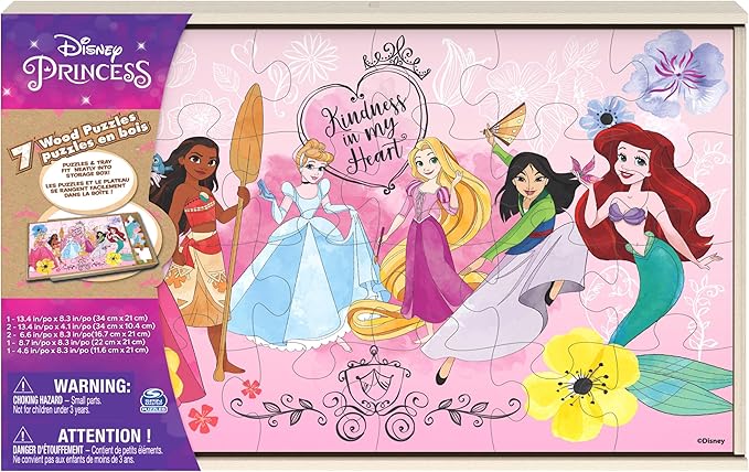 Spin Master Games, Disney Princess Puzzles, 7-Pack, Jigsaw Kids Puzzles, 12, 16, & 24 Pieces, Featuring Ariel, Tiana, Rapunzel, Pocahontas, Storage Tray, Easter Gift, for Ages 4 & Up