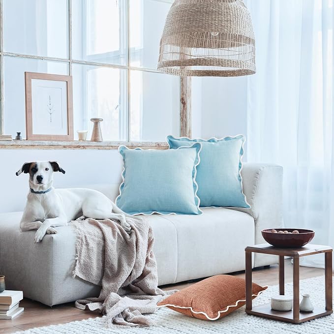 Scalloped Pillow Covers Set of 2 for Living Room | Spring Decorative Sofa Couch Pillows | Boho Sytle Decorative Home | Aesthetic Funky Preppy Pillow Cases (Blue, 18x18 Inch)