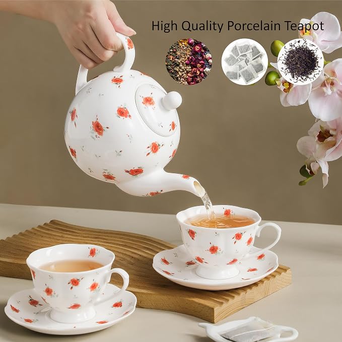 30oz FLoral Porcelain Teapot (4 Cups) - Elegant Ceramic Tea Pot with Vibrant Roses, Ideal for Loose Leaf & Bagged Tea, Dishwasher Safe
