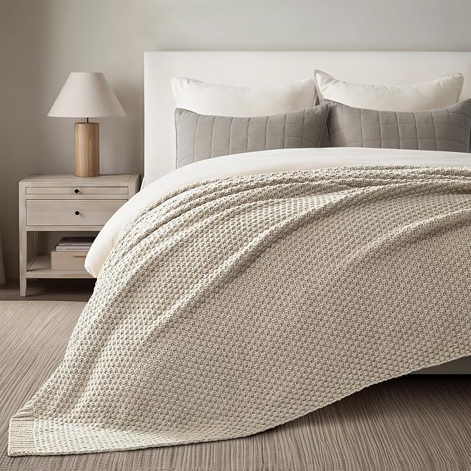EVERGRACEHOME Chunky Chenille Knit Throw Blanket, 90 x 90, Warm Gray | Sculpted Moss Stitch, Chic Modern Farmhouse, All-Season Warmth, OEKO-TEX® Certified, Oversized Queen for Couch, Bed, Sofa