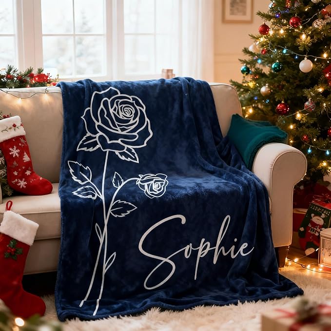 Custom Blanket Gifts for Mom, Personalized Name Blanket with Text Birth Month Flower, Personalized Gifts for Mom Grandma Women, Personalized Throw Blanket for Adults