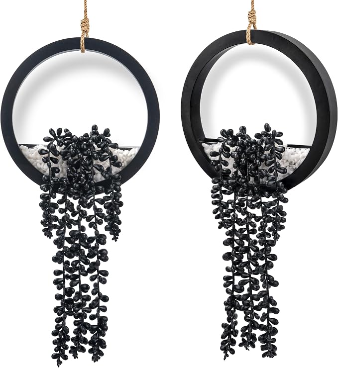 Der Rose 2 Pack Black Artificial Hanging Plants for Gothic Halloween Decor | Strongly festive atmosphere of Halloween，black hanging fake succulents，suitable for black wall decor，party decorations