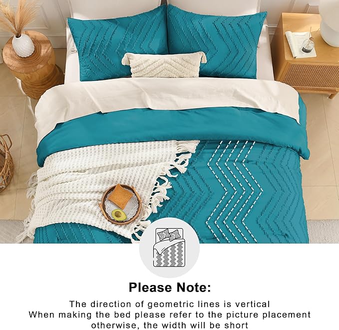 Andency Turquoise Comforter Set Queen Size, Boho Soft Warm Tufted Bedding Comforter Sets for Queen Size Bed, 3 Pieces Aesthetic Chevron Farmhouse Cute Bohemian Textured Bed Set