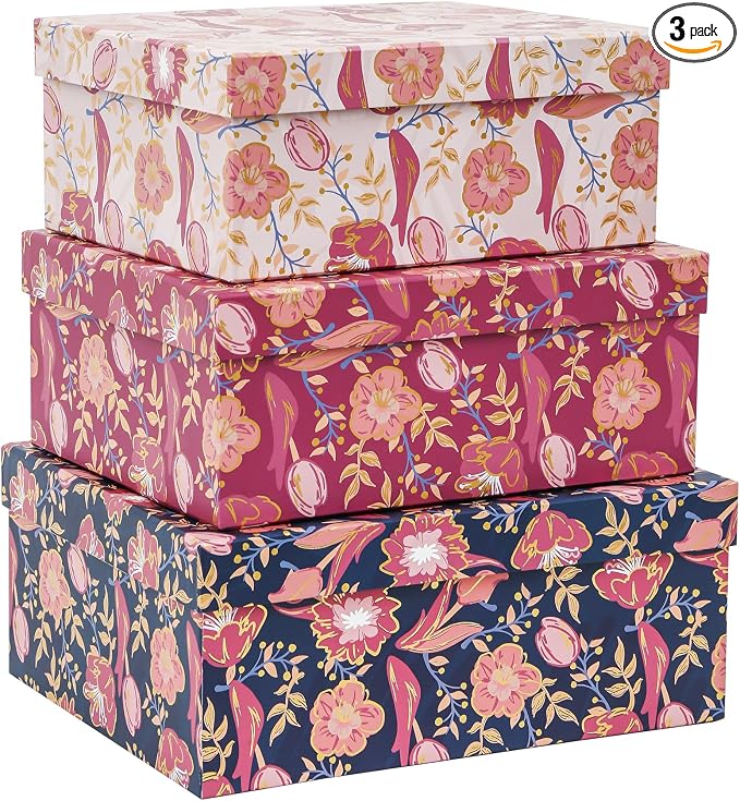 3-Piece Decorative Storage Boxes with Lids, Tulip Cherry Blossom with Gold Foil, Cardboard Paperboard Keepsake box Set, Photo Storage Box for Memory, Home Decor, Modern Decoration Organizer