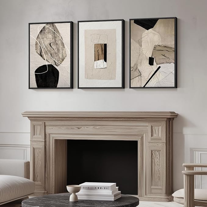 Framed Neutral Abstract Wall Art, Set of 3 Modern Canvas Prints Paintings Artwork for Walls, Minimalist Black and Beige Pictures for Living Room Hallway Stair Bedroom Office Wall Decor 16x24 Inch