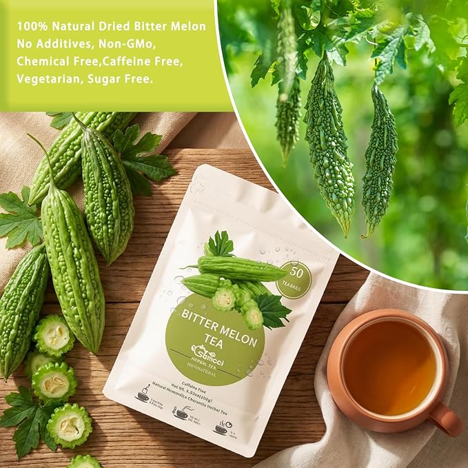 Samcci - Bitter Melon Tea Bags - 50 Count (2g Per Bag) - 100% Pure Natural Cut & Sifted Dried Momordica Charantia Slices - Non-GMO & Caffeine-Free - Plant-Based Corn Fiber Mesh Bags - Refreshing Herbal Tea