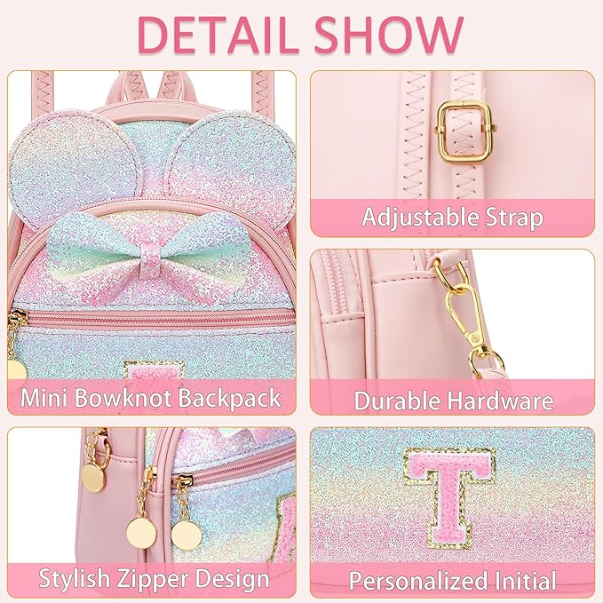 KKXIU Initial Bowknot Mini Backpacks for Girls Women, Small Cute Backpack Purse, Personalized Valentines Day Gifts for Toddler, Kids and Teen Girls(T, Rainbow)