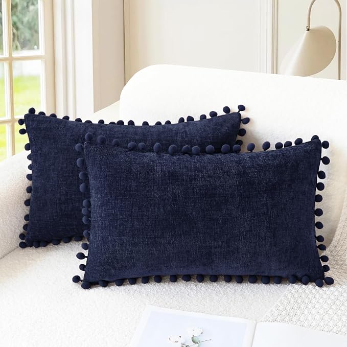 CaliTime Decorative Couch Throw Pillow Covers 20 X 12 Inches Navy Blue | Pack of 2, Cozy Chenille Cushion Cases, with Pom Poms for Sofa Bed Living Room Farmhouse Home